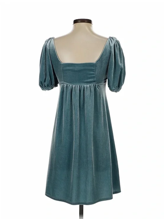 Teal Velvet Puff Sleeve Square Neck Dress - Picture 2 of 6